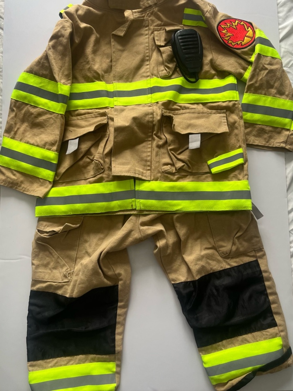 Fireman Tan and Neon Yellow Reflective Firefighter Costume with radio. Size 3-4